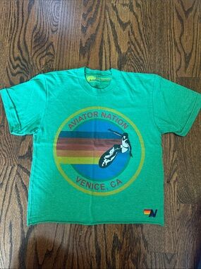 Aviator Nation Green Surf Logo Tee with Multicolor Stripes